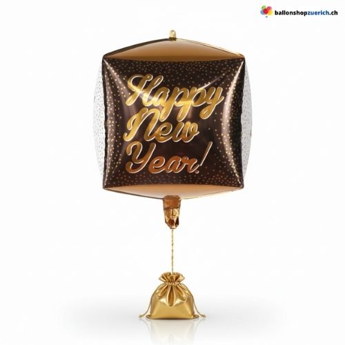 Silvester Ballon Happy New Year Würfel Schwarz Gold