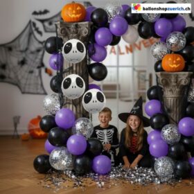 Ballon Girlande Halloween Schwarz Violett Chrome Konfetti Silber Geist 79-teilig