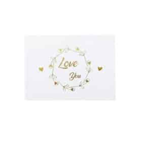 Biglietto d'amore, corona floreale bianca e oro