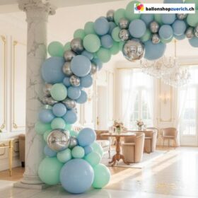Ballon Girlande Macaron Blau Mint Silber Chrome 104 teilig