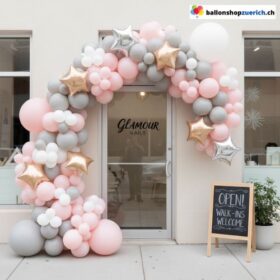 Ballon Girlande Hellrosa Grau Weiss Sterne Silber Champagner 96-teilig