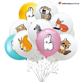 Set 10 Stück Safari Jungle Zoo Hase Fuchs Einhörnchen Zebra Löwe Kaninchen Eule Waschbär - Ballons Luftballons Dekoration Geburtstag Kinder Latex Ballons Party