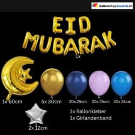 Eid Mubarak Ballon Girlande Blau Lila Gold Mond Sterne 71-teilig