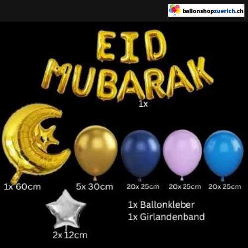 Eid Mubarak Ballon Girlande Blau Lila Gold Mond Sterne 71-teilig