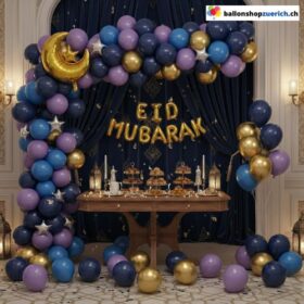 Eid Mubarak Ballon Girlande Blau Lila Gold Mond Sterne 71-teilig
