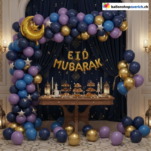 Eid Mubarak Ballon Girlande Blau Lila Gold Mond Sterne 71-teilig