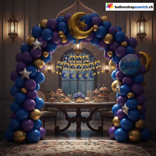 Eid Mubarak Ballon Set Blau Lila Gold Mond Sterne 70-teilig