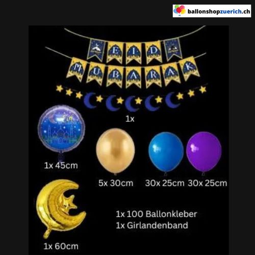 Eid Mubarak Ballon Set Blau Lila Gold Mond Sterne 70-teilig