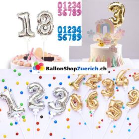 Kleine 18cm Zahlen Folienballon mit Stick Ballon für Kuchen, für in Blumenstrauss Tischdekoration Kinder Geburtstag Party Dekoration Cupcake Topper Silber Gold Pink oder Blau