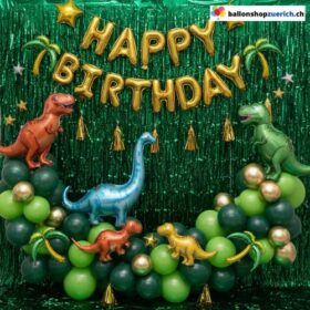 Dinosaurier Happy Birthday Ballon Girlande Grün Gold Set 97-teilig