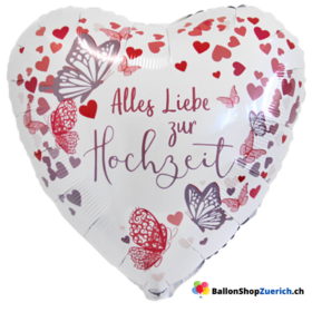 "Alles Liebe zur Hochzeit" Schmetterlinge Pink Violett Herzen - Herz Ballon LOVE Folienballon Dekoration Hochzeit Jahrestag Gold Silber Luft Ballon Liebe Party