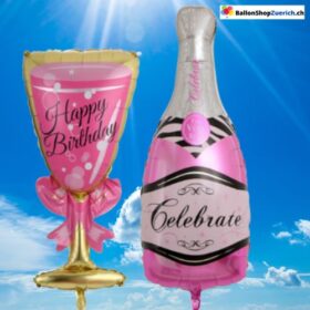 Set grosse Folienballon's Champagner Sektglas Rosa Flasche Happy Birthday Luftballons Geburtstag Dekorationen Flasche