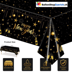 Tischdecke Schwarz Gold Happy New Year Folie, Kunststoff, rechteckig, Tischdecke für Silvester, Neujahr, Tischdekoration, Partyzubehör