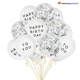 Set of 10 Happy Birthday to You balloons with silver confetti