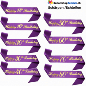 16. 18. 30. 40. 50. 60. 70. 80. Jahre Happy Birthday Schärpe - Gratulation Schleife Scherpe Geburtstag Party Dekoration Violett-Gold