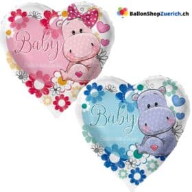 Globo con forma de corazón, hipopótamo bebé, azul o rosa. ¡Por fin estás aquí! - Papel de aluminio. Fiesta de nacimiento de bebé niña/niño. ¡Bienvenido/a! Fiesta de globos