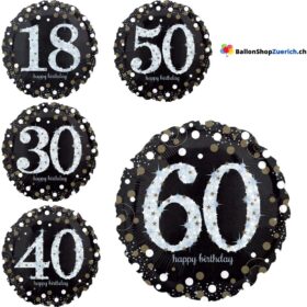 Luftballon Zahl Happy Birthday holographisch funkelnd Schwarz Silber Gold 18. /30. / 40. / 50. / 60. Jahre Dekoration Geburtstag Party Heliumballon