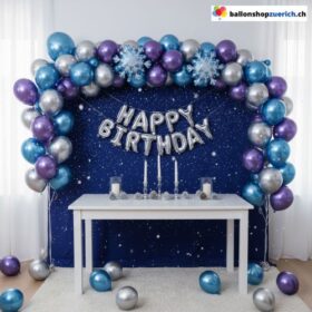 Happy Birthday Winter Ballon Girlande Blau Silber Weiss Schneeflocken 44-teilig