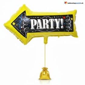 Cartello giallo per la festa con palloncini a freccia