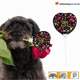 Kleiner mini Folieballon "I LOVE YOU Herzchen" Luftballon als Tischdekoration, als Dekoration für den Blumenstrauss VALENTINSTAG JAHRESTAG Ballon oder eines Geschenks mit Stab