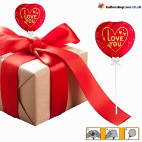 Kleiner mini Folieballon "I LOVE YOU Rot Gold" Luftballon als Tischdekoration, als Dekoration für den Blumenstrauss VALENTINSTAG JAHRESTAG Ballon oder eines Geschenks mit Stab