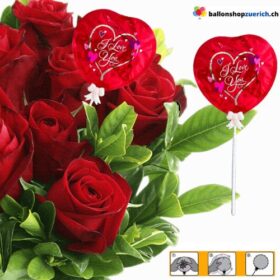 Kleiner mini Folieballon "I LOVE YOU Rot" Luftballon als Tischdekoration, als Dekoration für den Blumenstrauss VALENTINSTAG JAHRESTAG Ballon oder eines Geschenks mit Stab
