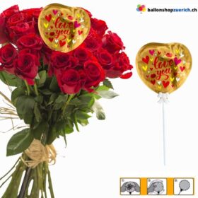 Kleiner mini Folieballon "LOVE YOU Herzchen Gold" Luftballon als Tischdekoration, als Dekoration für den Blumenstrauss VALENTINSTAG JAHRESTAG Ballon oder eines Geschenks mit Stab
