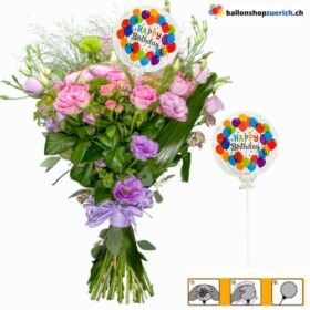 Kleiner mini Folieballon Happy Birthday Geburtstag "farbige Ballons" Luftballons als Tischdekoration, als Dekoration für den Blumenstrauss Ballon oder die Geburtstagstorte oder eines Geschenk mit Stab