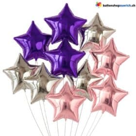 Globos Estrella Medianos Set de 10 Piezas Plateado Violeta Rosa Mixto