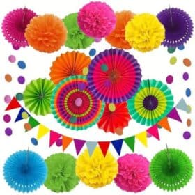 Ensemble de 21 pièces comprenant des éventails en papier colorés et des pompons en papier de soie, décorations pour anniversaires, mariages, fêtes et soirées d'été