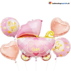 5er-Set Ballonstrauss Kinderwagen Baby Girl Spital Mutter Geschenk Luftballons Pink Folieballon Event Party