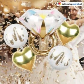 Luftballons 5er Set Mr & Mrs Love Ring Diamant 2 Herzen Gold Braut und Bräutigam
