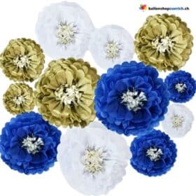 12 décorations de fête suspendues en papier bleu, or et blanc, pompons ronds en papier, décoration pour mariage, baptême, confirmation, communion, anniversaire, décorations de fête