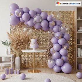 Ballongirlande Macaron Lila mit goldenen Schmetterlingen 152-teilig1