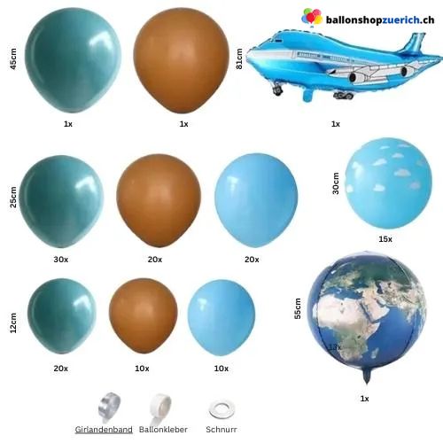 Ballon Girlande Reise Urlaub Aviatik Flugzeug Weltkugel Blau Braun 132-teilig