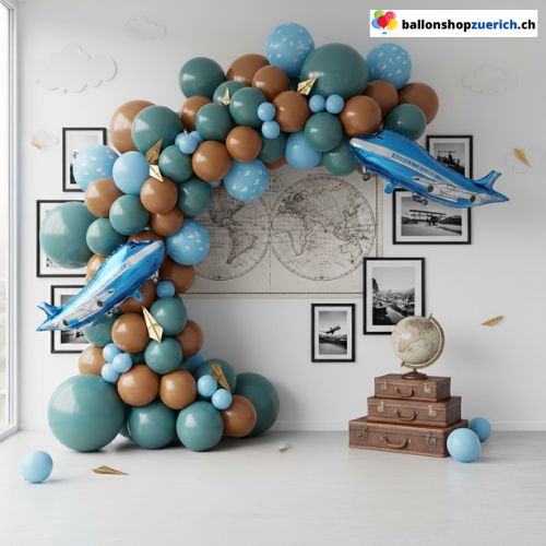 Ballon Girlande Reise Urlaub Aviatik Flugzeug Weltkugel Blau Braun 132-teilig
