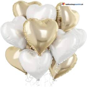 Luftballone Herz Medium Set 10 Stück Champagner Gold : Weiss gemischt - Folie Heliumballone - Liebe Hochzeit Geburtstag Party Luftballons Valentinstag
