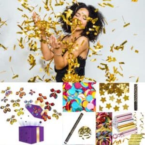 a woman throwing confetti into the air