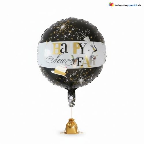 Silvester Ballon Happy New Year Schwarz Gold Feuerwerk