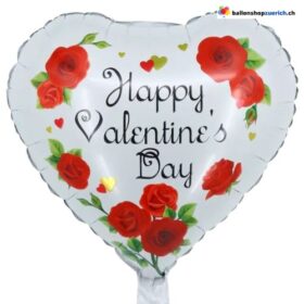 Happy Valentine's Day Herz Folienballon Weiss Rosen