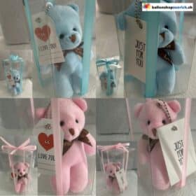 Orsetto in una scatola trasparente con un biglietto "SOLO PER TE" o "TI AMO", orsetto di peluche blu o rosa.jpg