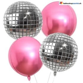 4er Set Discokugel und Pink runde 55cm Heliumballons Premium Folienballons für edle Deko Luftballon