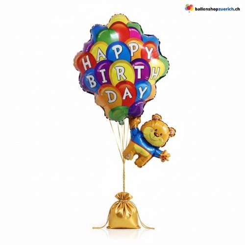 Geburtstag Ballon Bär Bunt Fliegend Happy Birthday