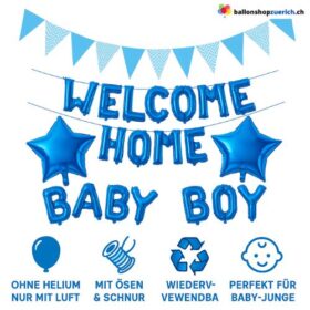Willkommens Set Welcome Home Baby Boy Blaue Ballons & Wimpelkette