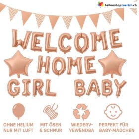 Willkommens Set Welcome Home Girl Baby Rosegold Ballons & Wimpelkette
