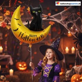 Folienballon Happy Halloween Katze auf Mond