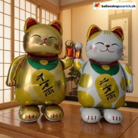 Glückskatzen Folienballon 2er Set XXL Stehend 155 cm Gold & Weiss