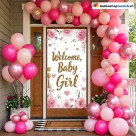 Türbanner Welcome Baby Girl Rosa Blumen Gold