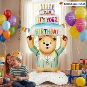 XXL Folienballon Bär mit Torte Stehend 180 cm
