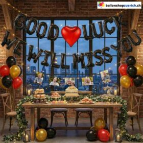 Good Luck & We Will Miss You Girlande Abschiedsballons Schwarz Rot 25-teilig